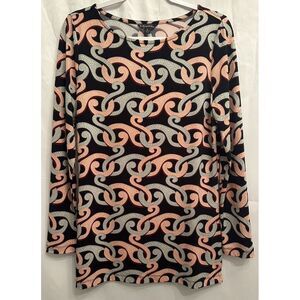 Brooks‎ Brothers Navy Blue Peach Abstract Geometric Print Tunic Top Blouse